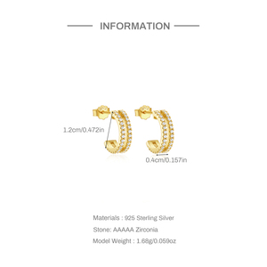Pendientes de Plata S925 Chapados en Oro con Zirconia en Forma de C, Estilo Básico para Mujer - Product Image 6