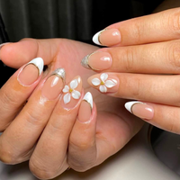 Faux ongles à presser en amande, roses, avec fleurs 3D, couvrance totale, réutilisables, fournitures pour salon et DIY