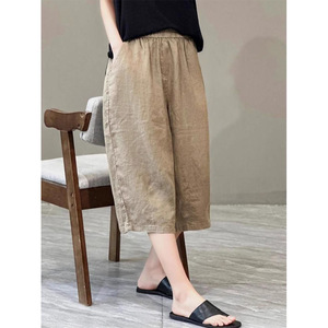 Wide Leg Pants Women Cotton Linen Summer Cropped Casual Pants Mid Waist Breathable Ginger Yellow Gray Black Khaki NX245 - Product Image 2