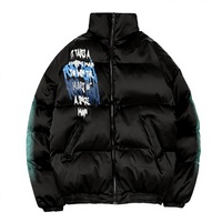 Blouson matelassé noir pour homme, col montant, fermeture éclair, coupe-vent, en polyester épais, style streetwear, coupe ample, imprimé lettres sur le devant