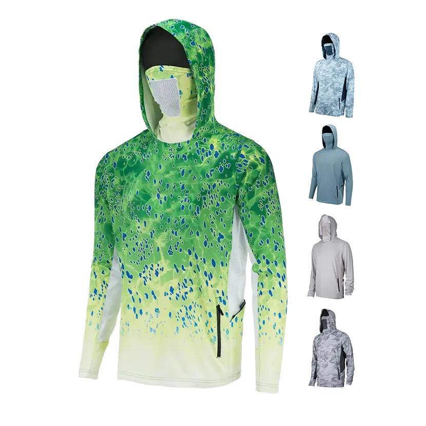 Commercio all'ingrosso personalizzato ventilato leggero camo tie dye pesca uomo magliette pesca con cappuccio con cerniera