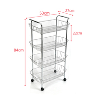 Chariot utilitaire roulant en métal à 4 niveaux DaS, chariot de rangement de cuisine avec paniers en fil métallique détachables, roues et poignées pour la maison