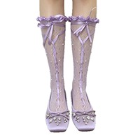 Chaussettes d'été fines et respirantes pour femmes, style doux, en dentelle, mi-mollet, avec nœud, perles et volants ajourés