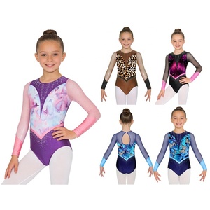 Girls Gymnastics Leotard Long Sleeve Rhinestone Mesh Metallic Print Dance Competition Sparkle Kids Stage Performance Custom - Product Image 1