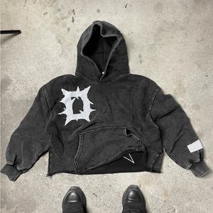 No Pocket Sun Faded Cut Edge Benutzer definierte Gsm Acid Wash <span class=keywords><strong>Cropped</strong></span> <span class=keywords><strong>Hoodies</strong></span> Herren <span class=keywords><strong>Raw</strong></span> <span class=keywords><strong>Hem</strong></span> Applique Distressed Patch Stickerei <span class=keywords><strong>Hoodies</strong></span> - Product Image 2