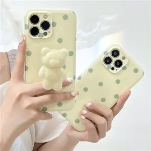 热卖Ins牛奶黄绿色圆点熊支架防摔全包手机壳适用于Iphone 14 Pro Max