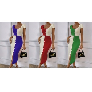 Abito lungo anteriore personalizzato OEM ODM personalizzato con bottone a blocchi di colore a <span class=keywords><strong>maniche</strong></span> <span class=keywords><strong>corte</strong></span> Casual Modulare abito maglione sottile - Product Image 3