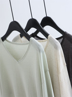 Haut tricoté en lin à col en V et manches courtes, coupe ample à ourlet roulé pour l'été, T-shirt décontracté à col rond, léger