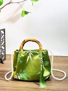 Bolso de Mano de Lujo con Forma de Caña, Dos Correas, Cierre de Cremallera, Tela de Seda Antigua, Bolso Bandolera con Perlas, Estilo Chino Tradicional - Product Image 3