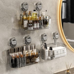 Estante de almacenamiento para baño con ventosa, montado en la pared, transparente, gris, marrón, rectangular, duradero, soporte de esquina para cosméticos - Product Image 1