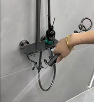 Ensemble de douche pluie gris anthracite en laiton, design touches de piano, robinets thermostatiques, mitigeur à cartouche céramique, douchette à jet doux, barre coulissante, pour usage hôtelier