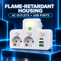 Adaptateur secteur multi-prises standard européen avec chargement USB, interrupteurs marche/arrêt individuels, courant nominal 10A, sans câble