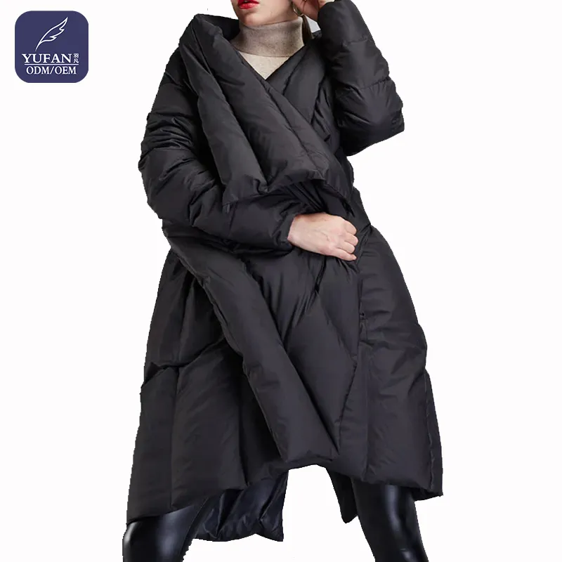 YuFan на заказ 2023 OEM ODM Тонкий Черный Асимметричный плащ на утином пуху зимние пальто