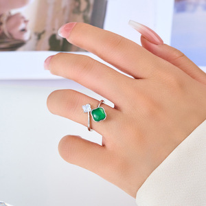 Green Agate Four Leaf Clover Open Ring Women Adjustable Index Finger Retro Chinese Style Jewelry Party Accessory - Product Image 2