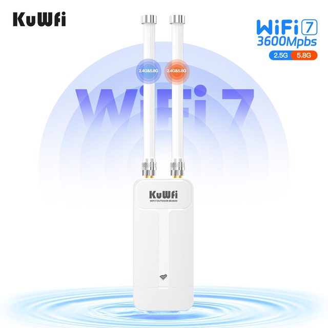 KuWFi WiFi7 Outdoor Access Point 3600Mbps Dual Band 128users 2.5G PoE 400meters IP65 Waterproof Solar Outdoor ap for Campus Wifi