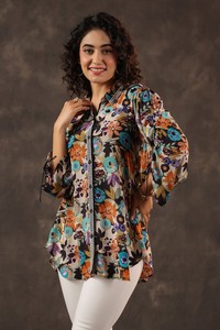 Camisa de Diseño Moderna para Mujer, con Estampado Floral, Estilo Túnica, Botones al Frente, Elegante, Casual, Manga Larga - Product Image 3