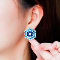 Prachtige 3d Design Blauwe Kubieke Zirkoon Bloem Stud Oorbel Voor Vrouwen Prachtige Cz Bruiloftsfeest Prom Luxe Sieraden Valentijn Cadeau