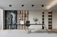 Bureau de travail en bois minimaliste et élégant, gain de place, bibliothèque, étagères ouvertes, éclairage intégré, espace de travail moderne, chambre à coucher, salon