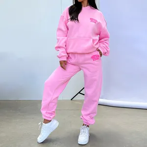 Fabricantes OEM LOGO personalizado Rosa 3D Puff estampado Mujer streetwear para pantalones de chándal pulóver Sudadera con capucha de gran tamaño y conjunto de joggers