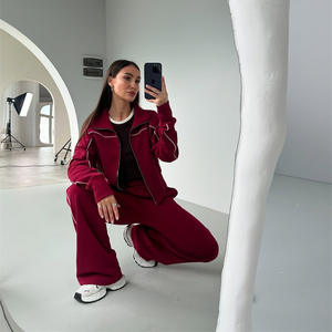 طقم رياضي كاجوال عتيق من قطعتين مع سترة طويلة الأكمام بسحاب وبنطلون واسع الساق مرن بمقاسات كبيرة - Product Image 3