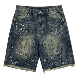 Men's Mid Waist Ripped Denim Bermuda <b>Shorts</b> Casual Washed Cotton Canvas Style Button Fly Rivet <b>Decoration</b> - Product Image 1