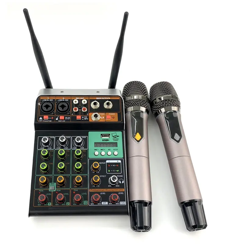 audio mixer 4 channel With UHF wireless microphone MP3 USB input 48V phantom power digital audio sound mixer