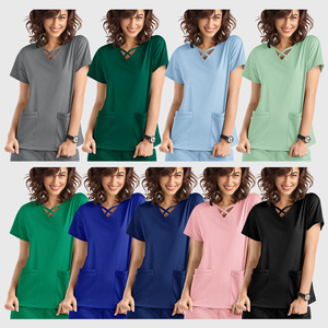 Women's Solid Color Medical Scrub Top Short Sleeve Cross Neck Design Moisture Wicking Knitted Blouse Hospital Uniforms - Product Image 1