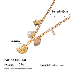 Collar de cadena de eslabones DIY a la moda, collar con colgante de estrella de mar de concha de playa de verano para mujer de acero inoxidable impermeable chapado en oro de 18 quilates - Product Image 6