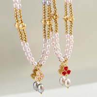 Kalung Mutiara Air Tawar Pink Muda dengan Liontin Bunga Clover CZ, Bahan Campuran, Romantis, Model Choker, OEM ODM, MOQ Rendah