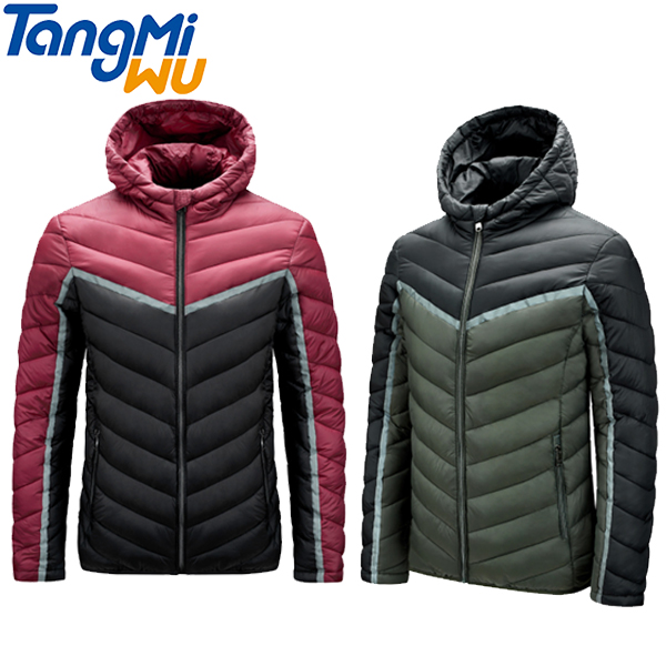 TMW Wholesale winter Keep warm thickened hooded long sleeve light zipper patchwork jacket mens puffer jacket with hood