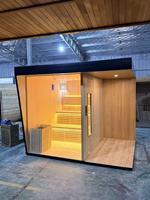 Sauna Exterior Moderna Tipo Cubo para 4-6 Personas con Terraza, Sauna de Vapor de Madera de Cedro Rojo con Pared de Vidrio Panorámica para Jardín