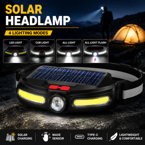 Lampe frontale rechargeable à énergie <span class=keywords><strong>solaire</strong></span>, étanche, batterie au lithium intégrée, IP44, double source lumineuse, USB, camping, extérieur - Product Image 1