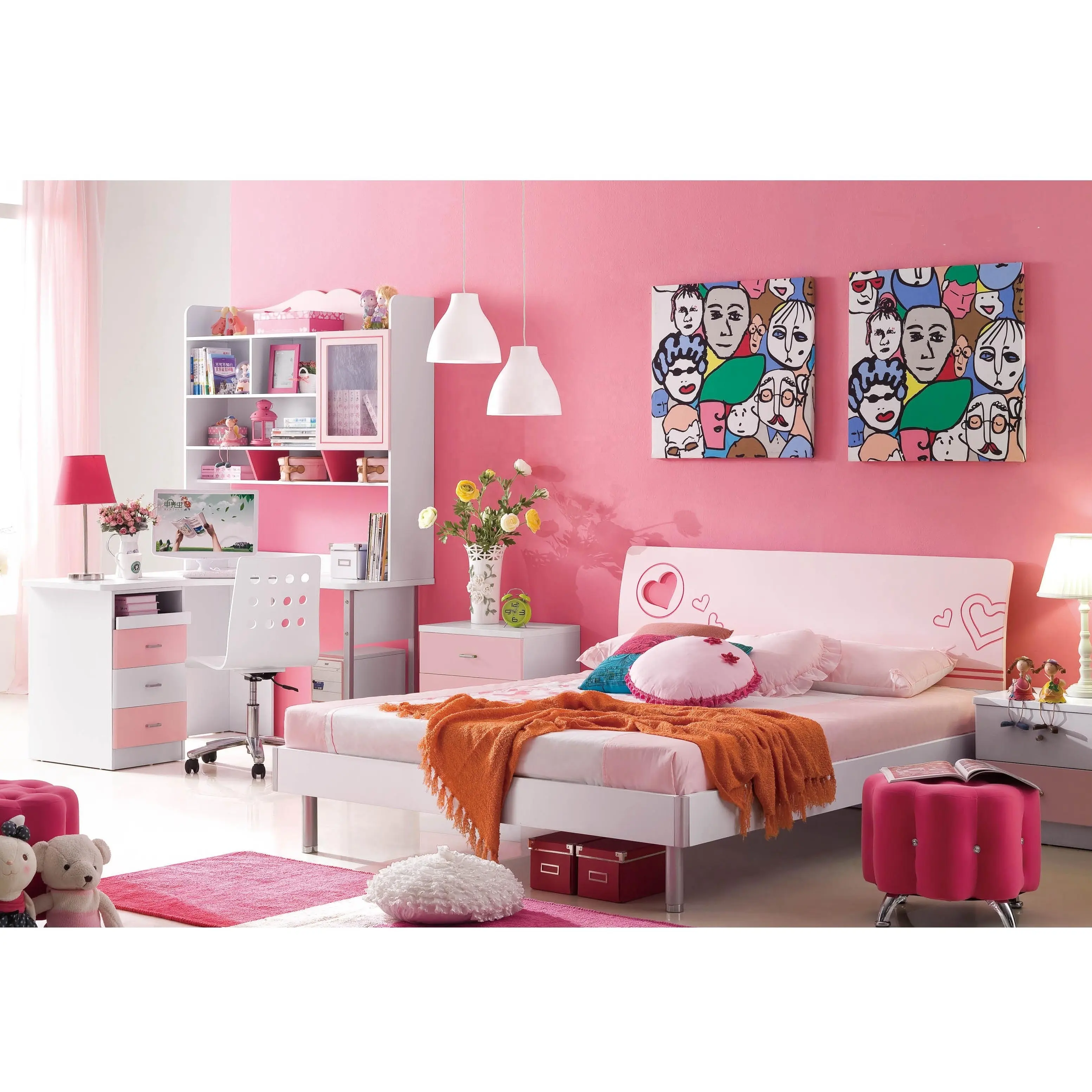LD007 Custom Pink Princess Girls Bedroom Sets Modern EStandard Kids Bed Room Wooden Single Children Bed For Girl