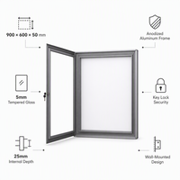 Vitrine murale verrouillable avec cadre en aluminium, porte en verre et tableau magnétique pour affichage d'informations dans les couloirs d'écoles, bureaux et halls d'accueil