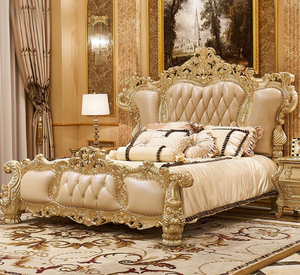 Vintage Royal Classic Bedroom Set <b>High</b>-end <b>Top</b> Layer Beige Leather Wood <b>Bed</b> - Product Image 1