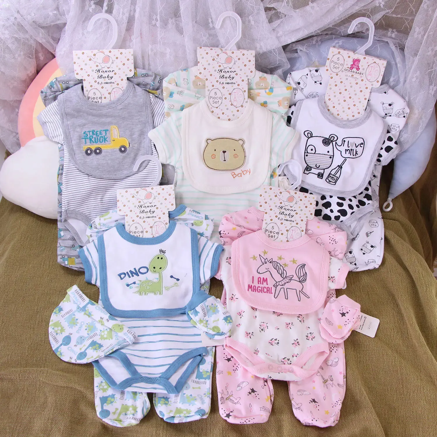 Macacão de bebê recém-nascido + macacão de bebê, 5 peças, macacão 100% algodão, renda, roupa de bebê, vestido de tutu