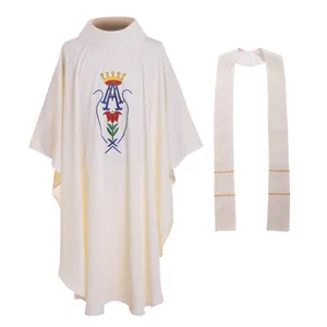 White Chasuble Church No Collared Vestments Crown Flower Embroidery