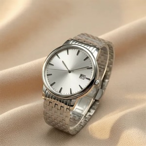 Reloj de Hombre Ultrafino Redondo Plateado con Esfera Sunburst, Índices, Ventana de Fecha, Correa de Acero Inoxidable, Minimalista, para Negocios, Resistente al Agua - Product Image 2