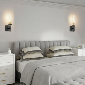 Lámpara de pared LED con batería, montada en la pared, minimalista, de hierro negro, base para bombilla E26, para dormitorio, sala de estar, baño, entrada - Product Image 4