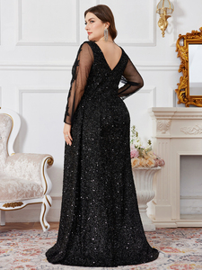 <span class=keywords><strong>Robe</strong></span> <span class=keywords><strong>de</strong></span> soirée formelle pour femmes grandes tailles, noire, col en V profond, manches longues, maille et sequins brillants, taille cintrée, jupe évasée, pour l'été - Product Image 2