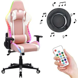 เก้าอี้เล่นเกม RGB LED หมุนได้360องศา,เก้าอี้นักเล่นเกมปรับระดับเสียงรอบเก้าอี้เล่นเกมสีชมพูสำหรับเล่นเพลง
