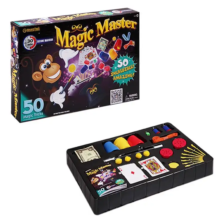 Fábrica direta venda personalizar kits mágicos, conjunto de mágico, caixa de presente, embalagem sobre 50 truques mágicos, jogo para iniciantes