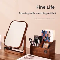 Miroir de maquillage HD rotatif à 360° avec cadre carré en bois de noyer, coins arrondis et plateau de rangement