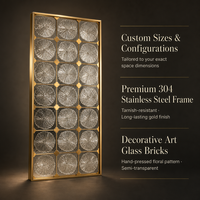 Paravent décoratif en verre avec cadre en acier inoxydable doré, séparateur de pièce en verre artistique pour salon, hall d'hôtel, entrée