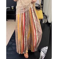 Pantalon large rayé coloré d'été 2026 pour femme, taille élastique, imprimé tribal orange ochre et violet, coupe décontractée, vente en gros