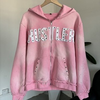 Veste zippée pour homme sur mesure, style streetwear, délavée à l'acide, effet usé, broderie et strass, coupe ample, vintage, à capuche