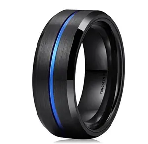 Men's Carbide Wedding Ring - 8mm Black High Polished Set With Teal/Blue Opal/Red Sand For Everyday Wear