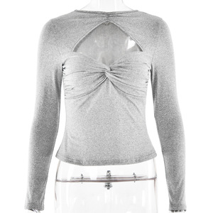 เสื้อแขนยาวผูกปมสำหรับผู้หญิง สีเทา สีพื้น ดีไซน์โปร่ง ทรงเข้ารูป โพลีเอสเตอร์เนื้อนุ่ม ใส่ได้ในฤดูใบไม้ผลิ - Product Image 5