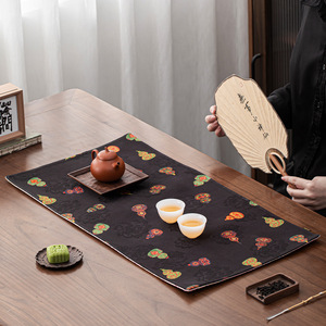 Chinese Style Brocade Tea Mat Double Sided Waterproof Heat Insulation Table <b>Runner</b> For Tea Ceremony Reusable Fabric <b>Black</b> With - Product Image 1