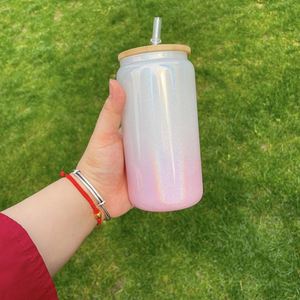 Vasos de Vidrio con Tapa y Pajita para Refrescos, Cerveza y Café, de 15oz y 16oz, Blancos, Rosados, con Brillo, Efecto Ombre y Purpurina, para Sublimación - Product Image 2